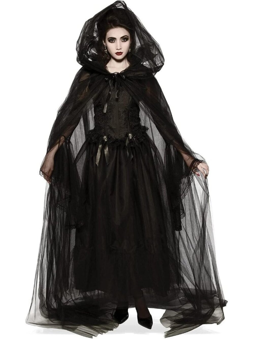 🎃Women's Black Halloween Sheer Mesh Hooded Tulle Cape for Adults costumes